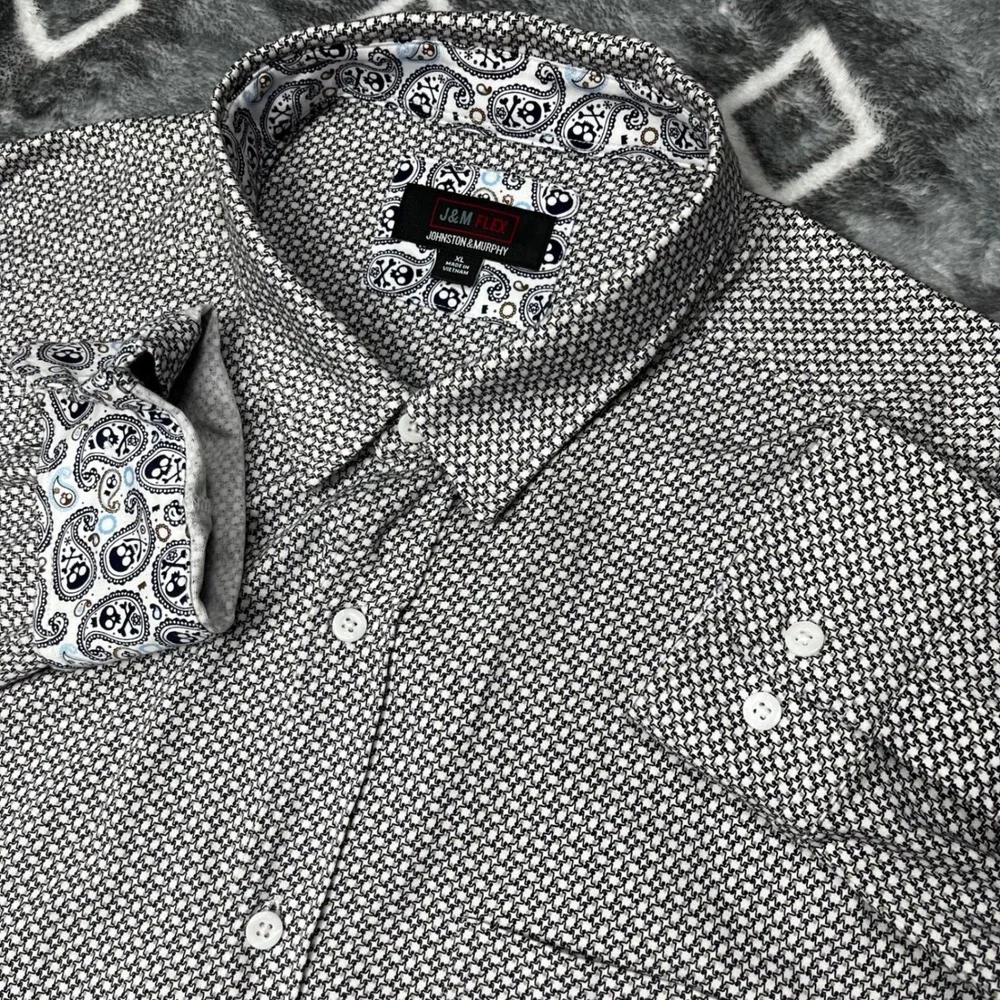 Johnston & Murphy J&M Flex Shirt Mens XL Black White Skull Paisley Trim Stretch